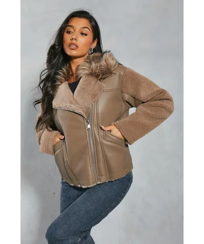 MissPap Womens Faux Fur And Borg Panelled Leather Look Aviator Coat - Taupe