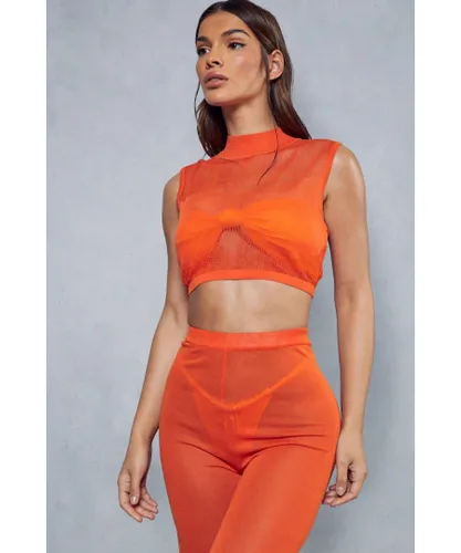MissPap Womens Fine Knit High Neck Sleeveless Crop Top - Orange