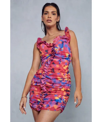 MissPap Womens Firey Floral Print Frill Detail Ruched Mini Dress - Pink
