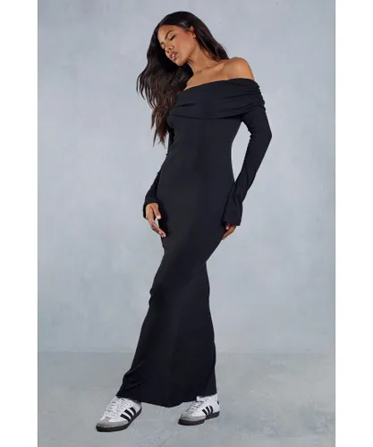MissPap Womens Fold Over Bardot Rib Maxi Dress - Black Cotton