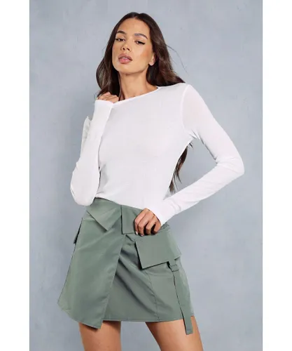 MissPap Womens Folded Over Detail Utility Mini Skirt - Khaki