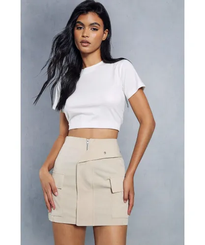 MissPap Womens Folded Waist Pocket Detail Mini Skirt - Beige