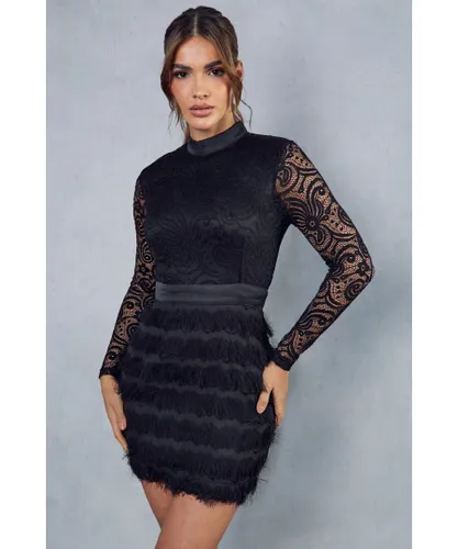 MissPap Womens Fringed Skirt High Neck Lace Dress - Black
