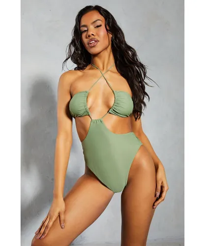 MissPap Womens Halter Neck Cut Out Swimsuit - Khaki Polyamide