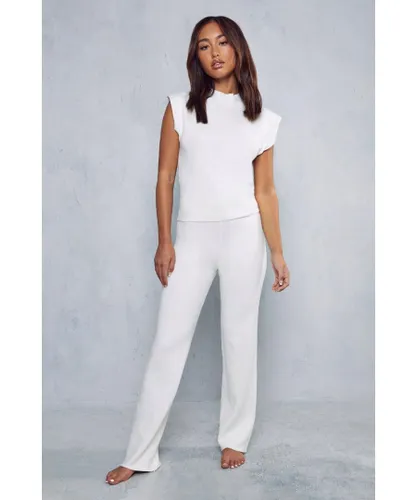 MissPap Womens High Neck Knit Top & Trouser Co-ord - Ivory Viscose