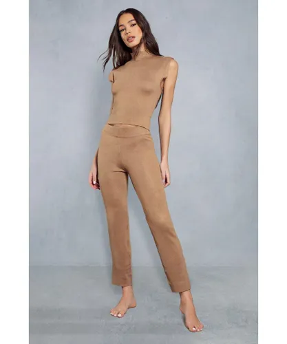 MissPap Womens High Neck Knit Top & Trouser Co-ord - Taupe Viscose