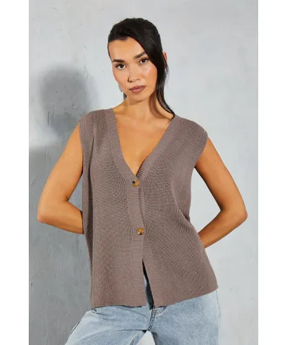 MissPap Womens Knitted Boxy Oversized Plunge Front Buttoned Waistcoat - Mocha Viscose