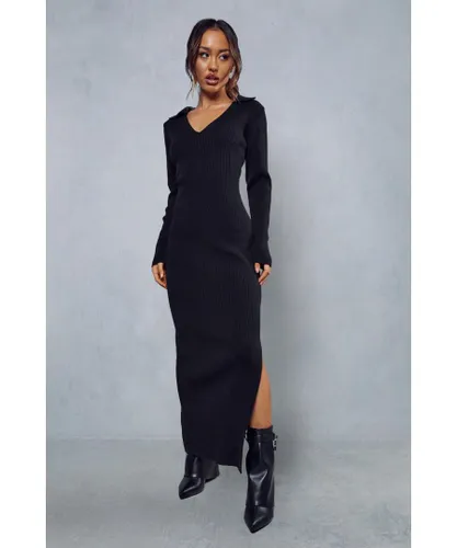 MissPap Womens Knitted Collar Detail Split Maxi Dress - Black