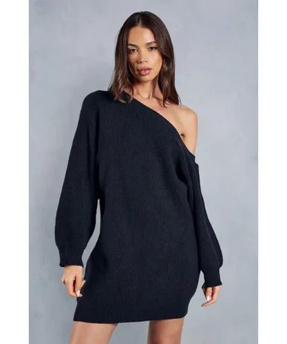 MissPap Womens Knitted Oversized Off The Shoulder Jumper Dress - Black
