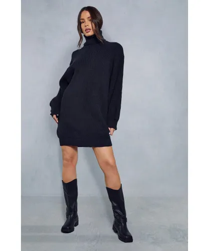 MissPap Womens Knitted Oversized Roll Neck Jumper Dress - Black