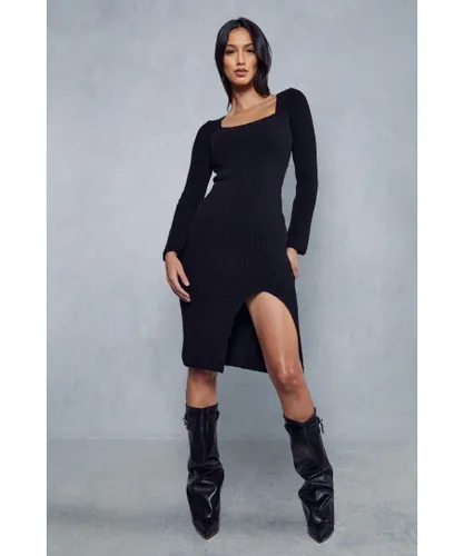 MissPap Womens Knitted Split Leg Midi Dress - Black