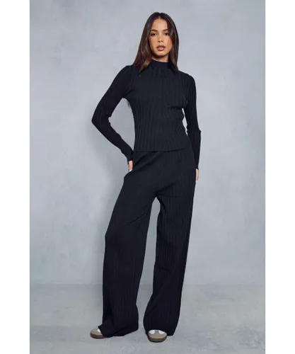 MissPap Womens Knitted Wide Ribbed High Neck Top & Trousers Co-ord - Black Viscose