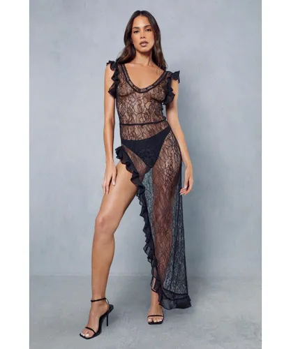 MissPap Womens Lace Frill Hem Sleeveless Plunge Maxi Dress - Black Polyamide