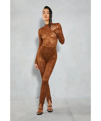MissPap Womens Lace High Waist Seam Detail Skinny Trouser - Chocolate Polyamide