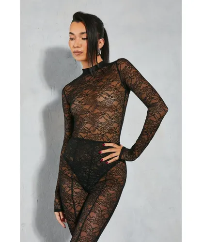 MissPap Womens Lace Long Sleeve Bodysuit - Black