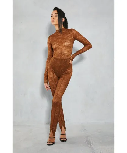 MissPap Womens Lace Long Sleeve Bodysuit - Chocolate