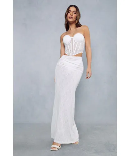 MissPap Womens Lace Ruched Side Maxi Skirt - White