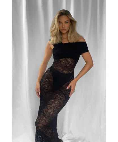 MissPap Womens Lace Sheer Ruched Off Shoulder Pant Insert Maxi Dress - Black Polyamide