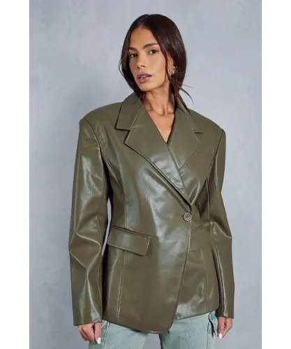 MissPap Womens Leather Look Asymmetric Blazer - Olive