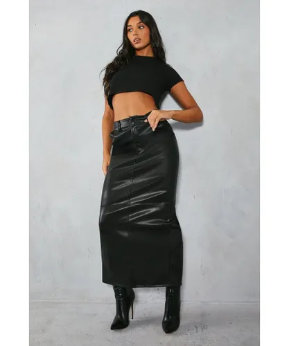 MissPap Womens Leather Look Column Maxi Skirt - Black