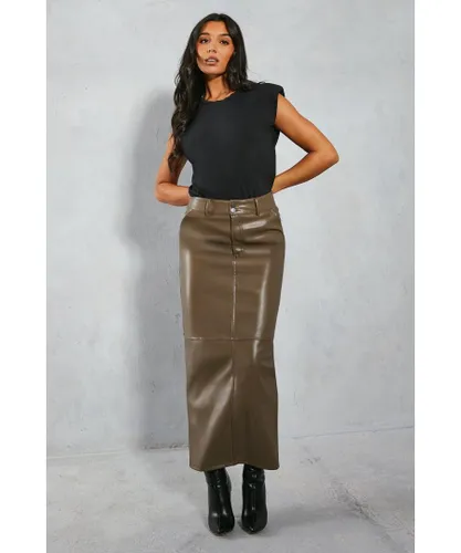 MissPap Womens Leather Look Column Maxi Skirt - Khaki