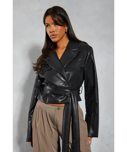 MissPap Womens Leather Look Cropped Trench Coat - Black