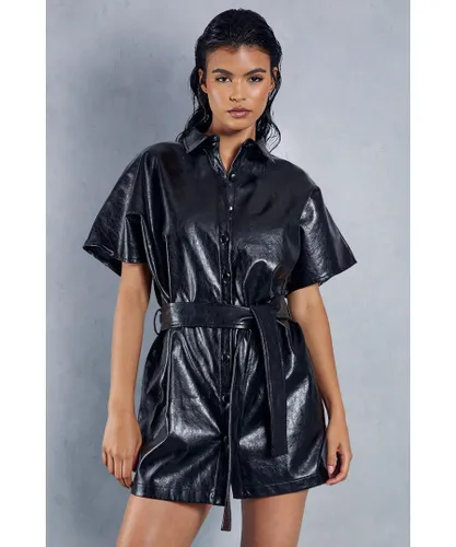 MissPap Womens Leather Look Drop Shoulder Belted Shirt Dress - Black
