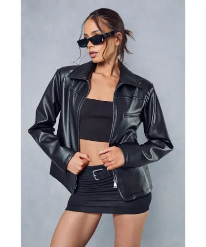 MissPap Womens Leather Look Fitted Biker Jacket - Black