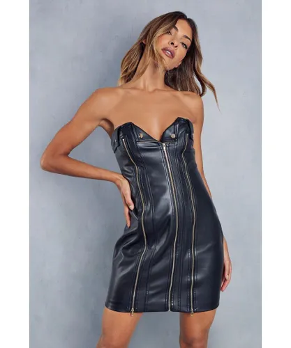 MissPap Womens Leather Look Multi Zip Corset Bodycon Mini Dress - Black