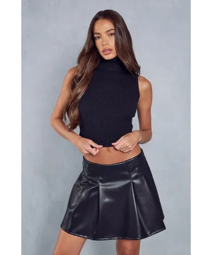 MissPap Womens Leather Look Pleated Skirt - Black
