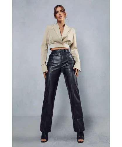 MissPap Womens Leather Look Utility Cargo Straight Leg Trouser - Black