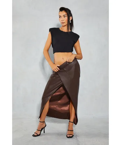 MissPap Womens Leather Look Wrap Utility Midi Skirt - Chocolate