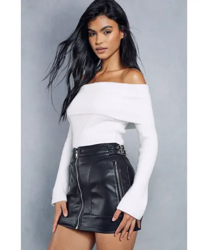MissPap Womens Leather Look Zip & Buckle Detail Micro Mini Skirt - Black