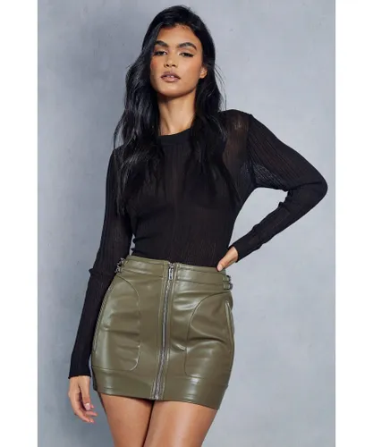 MissPap Womens Leather Look Zip & Buckle Detail Micro Mini Skirt - Olive