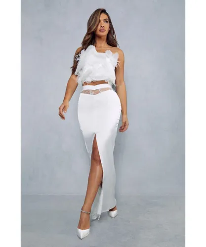MissPap Womens Lexi Satin Lace Split Midi Skirt - White