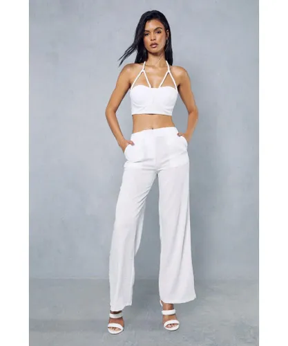 MissPap Womens Linen Look Twist Bralet & Trouser Co-ord - White Polyamide