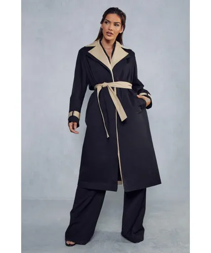MissPap Womens Longline Contrast Trench Coat - Black