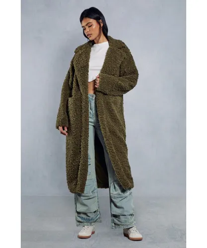 MissPap Womens Longline Oversized Collar Teddy Fur Coat - Khaki