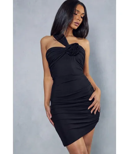 MissPap Womens Mesh Corsage One Shoulder Asymmetric Mini Dress - Black