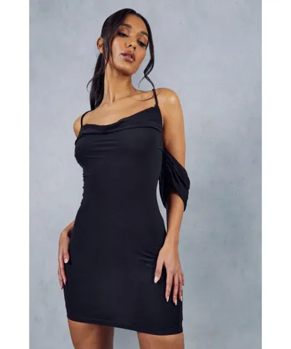 MissPap Womens Mesh Cross Strap Drape Sleeve Mini Dress - Black