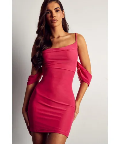 MissPap Womens Mesh Cross Strap Drape Sleeve Mini Dress - Pink