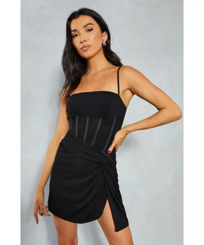 MissPap Womens Mesh Halterneck Knot Skirt Corseted Mini Dress - Black