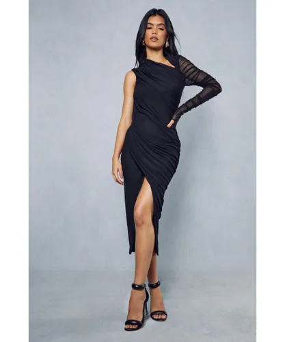 MissPap Womens Mesh Ruched Asymmetric One Shoulder Wrap Midi Dress - Black Polyamide