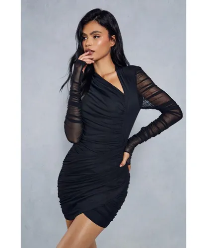 MissPap Womens Mesh Ruched Wrap Long Sleeve Dress - Black Polyamide