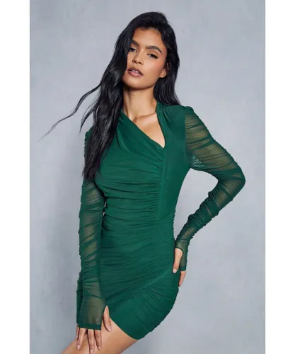 MissPap Womens Mesh Ruched Wrap Long Sleeve Dress - Dark Green Polyamide