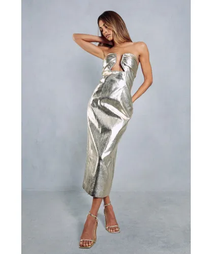 MissPap Womens Metallic Leather Look Shaped Bust Bodycon Midaxi Dress - Gold
