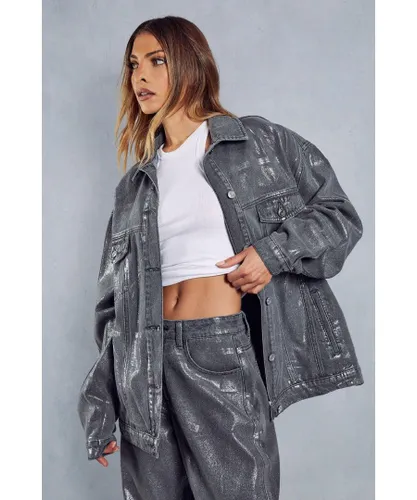 MissPap Womens Metallic Oversized Denim Jacket - Grey Cotton