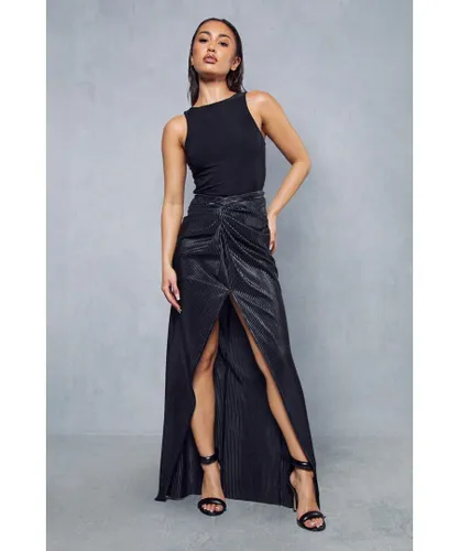 MissPap Womens Metallic Plisse Draped Maxi Skirt - Black