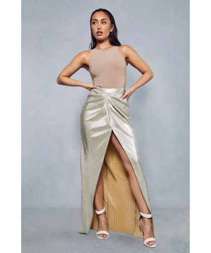 MissPap Womens Metallic Plisse Draped Maxi Skirt - Gold