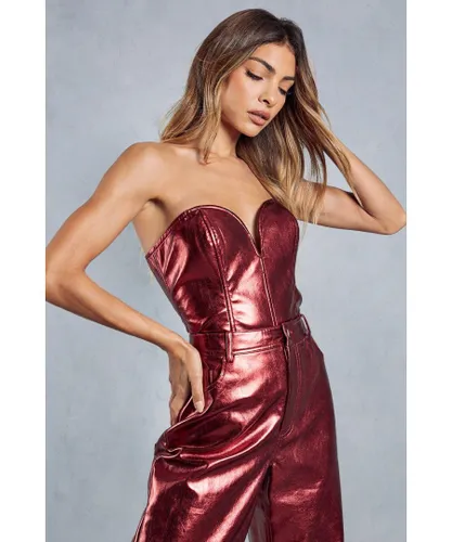 MissPap Womens Metallic Plunge Corset Top - Red